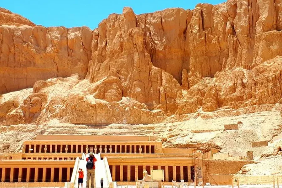 Tourists exploring Karnak Temple and Valley of the Kings on a Luxor day tour by mini van